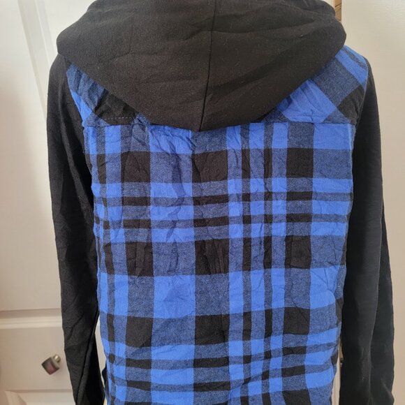 NOBO NO Boundaries Blue/Black Flannel Button Down Hoodie w Fleece Lining - Picture 6 of 9